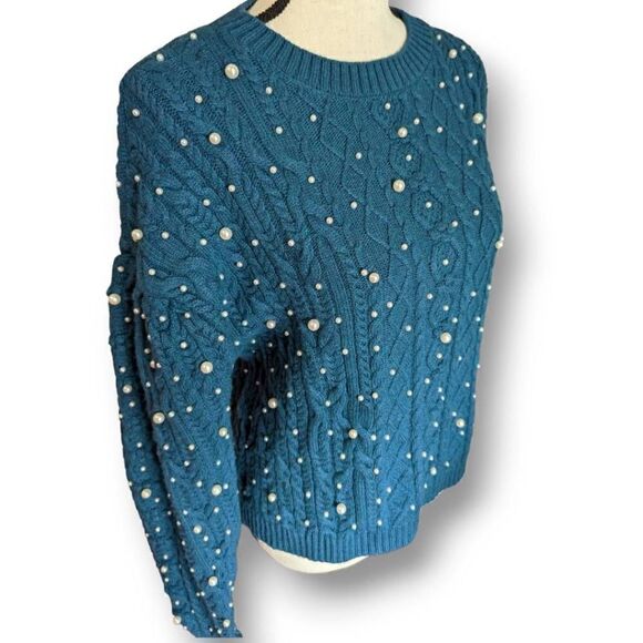 Something Navy Womens Sweater Pearl Embellishment Turquoise Small - Picture 2 of 12